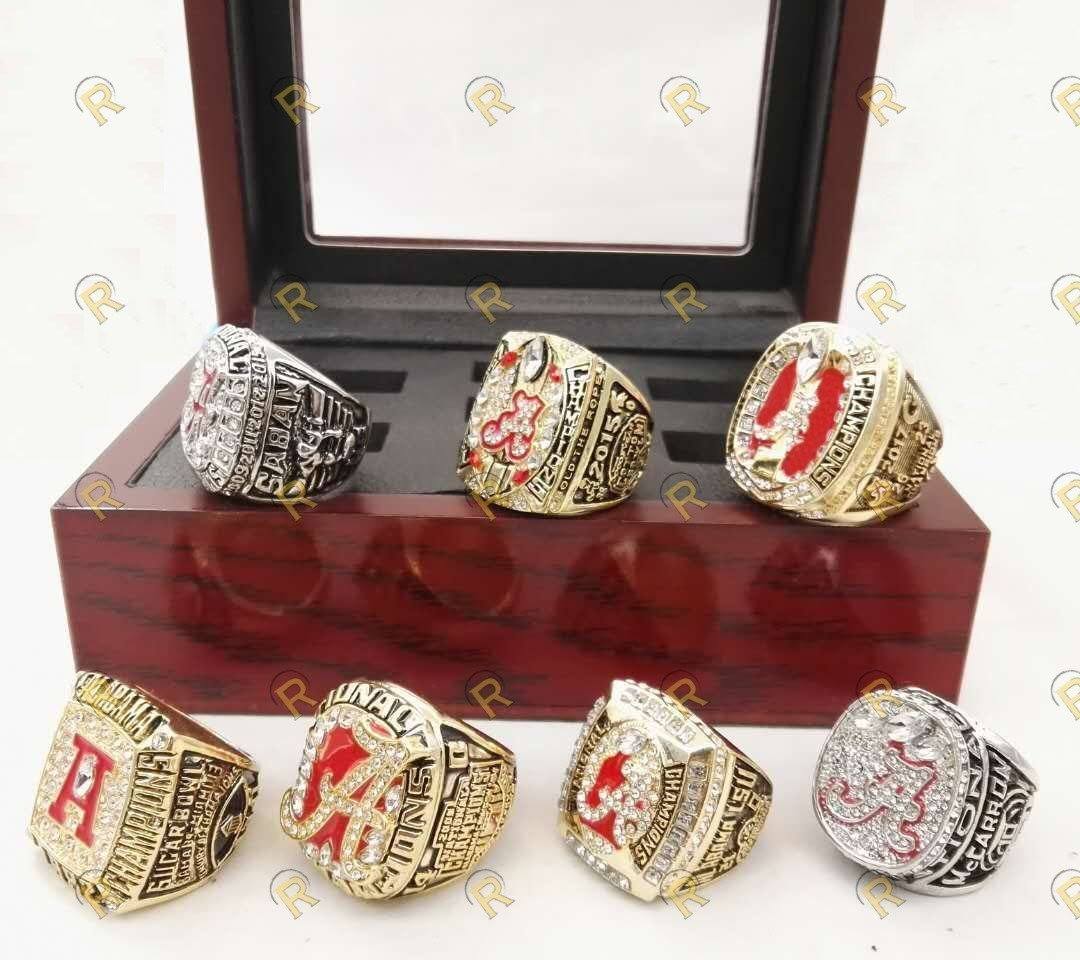 Alabama Crimson Tide College Football National Championship 7 Ring Set (1992, 2009, 2011, 2012, 2015, 2015) - Rings For Champs, NFL rings, MLB rings, NBA rings, NHL rings, NCAA rings, Super bowl ring, Superbowl ring, Super bowl rings, Superbowl rings, Dallas Cowboys